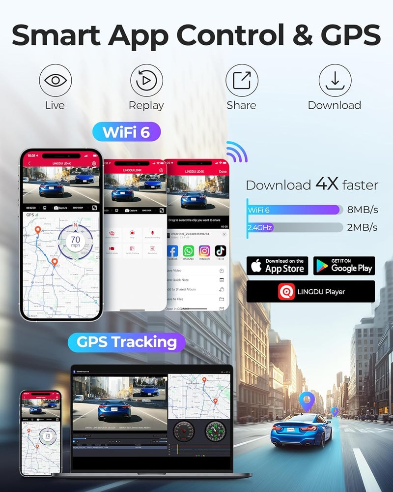 LINGDU 12" Mirror Dash Cam, 4K UHD Front and 2.5K Rear View Dash Camera for Car, with ADAS BSD LCA Smart Mode, GPS, G-Sensor, Loop Recording, Parking Monitor, Voice Control, 5.8GHz WiFi - Image 3